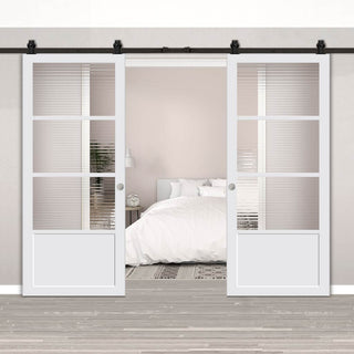 Image: Top Mounted Black Sliding Track & Solid Wood Double Doors - Eco-Urban Staten 3 Pane 1 Panel Doors DD6310 - Clear Reeded Glass - Cloud White Premium Primed