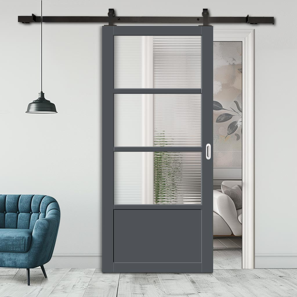 Top Mounted Black Sliding Track & Solid Wood Door - Handcrafted Eco-Urban Staten 3 Pane 1 Panel Solid Wood Door DD6310 - Clear Reeded Glass - Stormy Grey Premium Primed