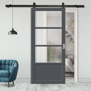 Image: Top Mounted Black Sliding Track & Solid Wood Door - Handcrafted Eco-Urban Staten 3 Pane 1 Panel Solid Wood Door DD6310 - Clear Reeded Glass - Stormy Grey Premium Primed