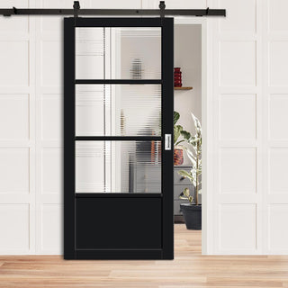 Image: Top Mounted Black Sliding Track & Solid Wood Door - Handcrafted Eco-Urban Staten 3 Pane 1 Panel Solid Wood Door DD6310 - Clear Reeded Glass - Shadow Black Premium Primed