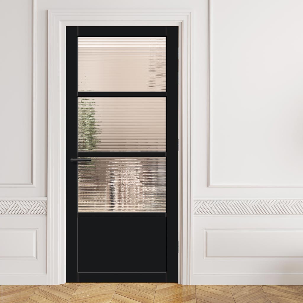 Staten 3 Pane 1 Panel Solid Wood Internal Door UK Made DD6310G - Clear Reeded Glass - Eco-Urban® Shadow Black Premium Primed