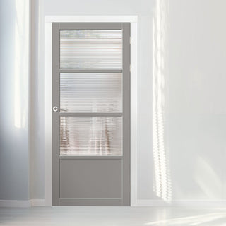 Image: Staten 3 Pane 1 Panel Solid Wood Internal Door UK Made DD6310G - Clear Reeded Glass - Eco-Urban® Mist Grey Premium Primed