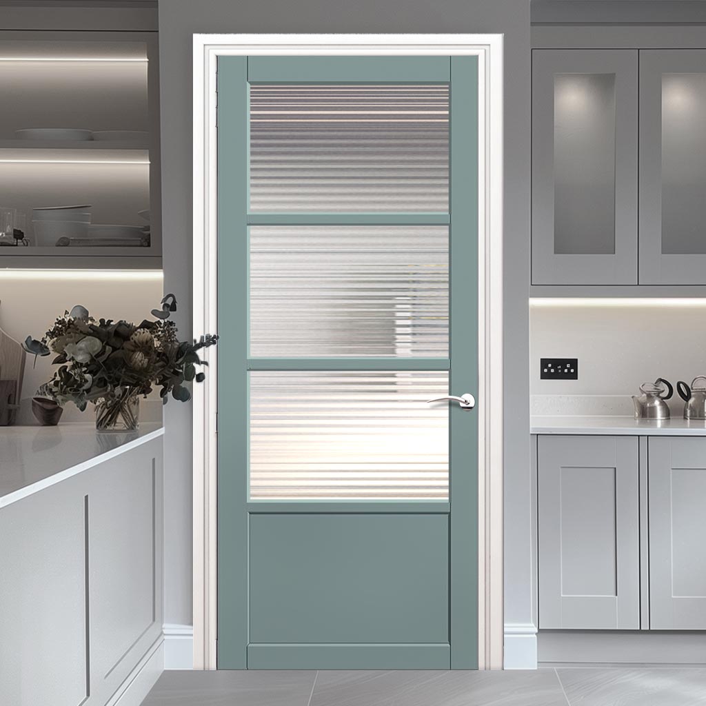 Staten 3 Pane 1 Panel Solid Wood Internal Door UK Made DD6310G - Clear Reeded Glass - Eco-Urban® Sage Sky Premium Primed