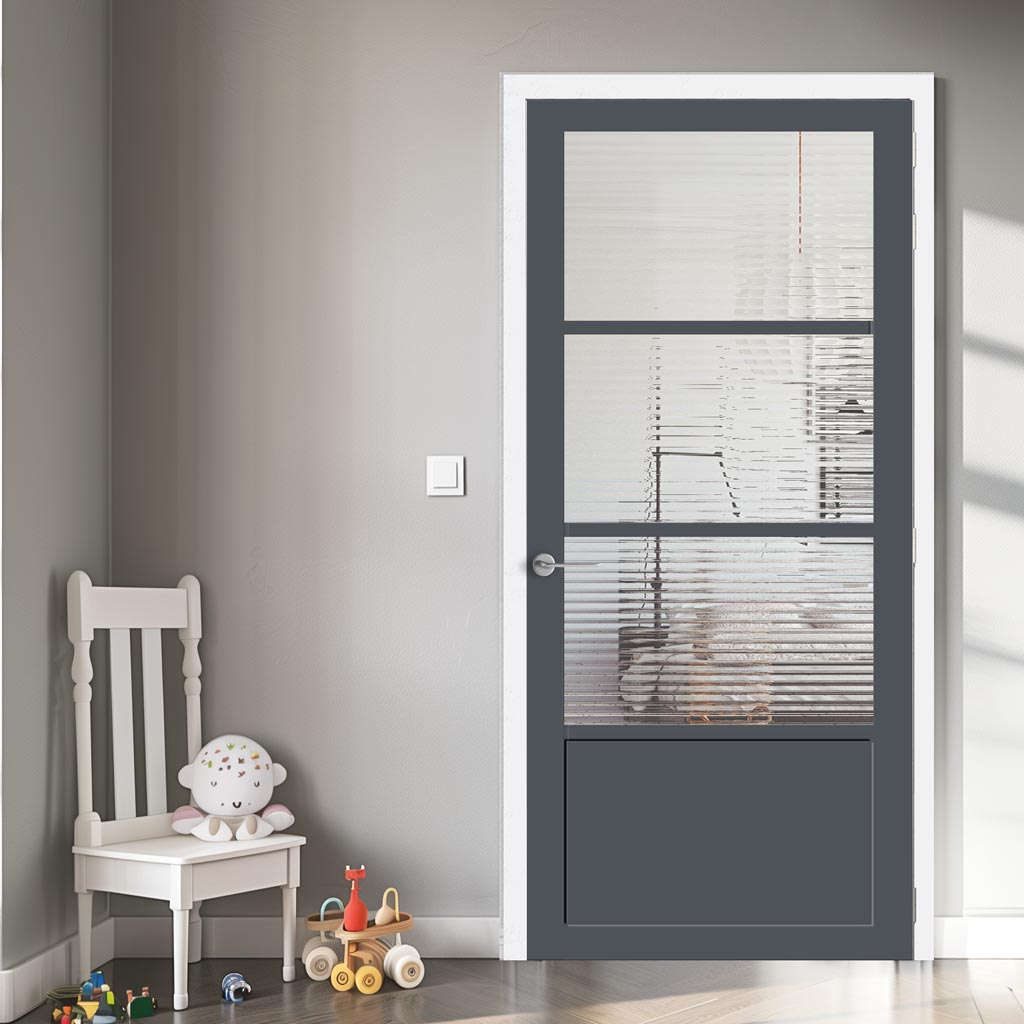 Staten 3 Pane 1 Panel Solid Wood Internal Door UK Made DD6310G - Clear Reeded Glass - Eco-Urban® Stormy Grey Premium Primed