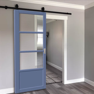 Image: Top Mounted Black Sliding Track & Solid Wood Door - Handcrafted Eco-Urban Staten 3 Pane 1 Panel Solid Wood Door DD6310 - Clear Reeded Glass - Heather Blue Premium Primed