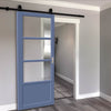 Top Mounted Black Sliding Track & Solid Wood Door - Handcrafted Eco-Urban Staten 3 Pane 1 Panel Solid Wood Door DD6310 - Clear Reeded Glass - Heather Blue Premium Primed