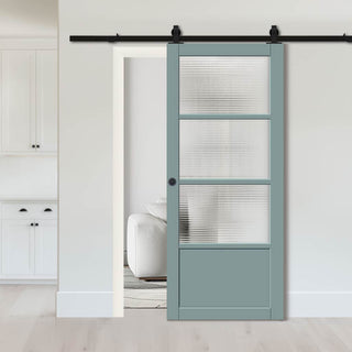 Image: Top Mounted Black Sliding Track & Solid Wood Door - Handcrafted Eco-Urban Staten 3 Pane 1 Panel Solid Wood Door DD6310 - Clear Reeded Glass - Sage Sky Premium Primed