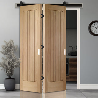 Image: SpaceEasi Top Mounted Black Folding Track & Double Door - Suffolk Oak Door - Prefinished