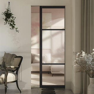 Image: Sutton Black Single Absolute Evokit Pocket Door - With Clear & Cross Reeded Glass - Prefinished