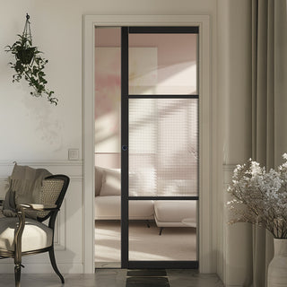 Image: Sutton Black Single Evokit Pocket Door - With Clear & Cross Reeded Glass - Prefinished