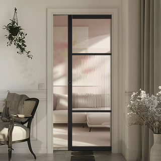 Image: Sutton Black Single Evokit Pocket Door - With Clear & Reeded Glass - Prefinished