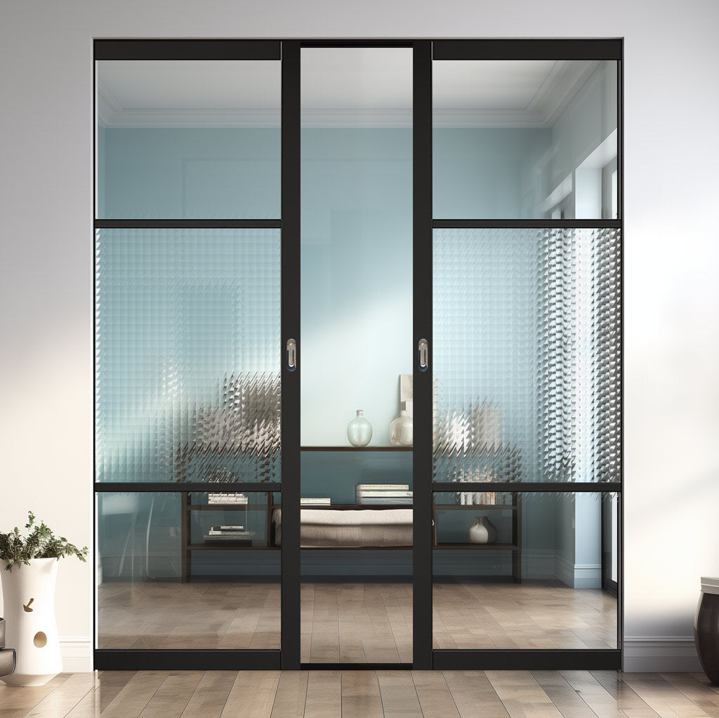 Sutton Black Absolute Evokit Double Pocket Doors - With Clear & Cross Reeded Glass - Prefinished