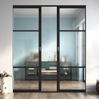 Image: Sutton Black Absolute Evokit Double Pocket Doors - With Clear & Cross Reeded Glass - Prefinished