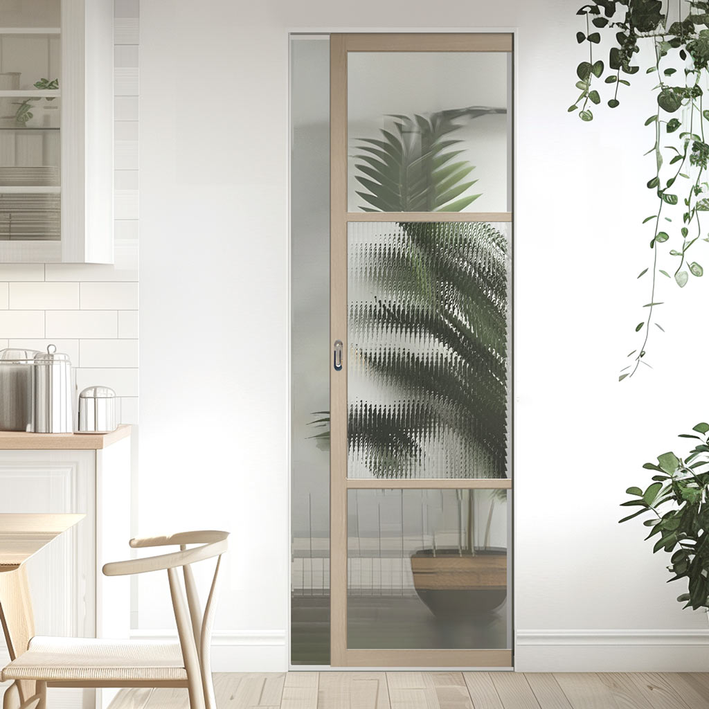 Sutton Blonde Oak Single Absolute Evokit Pocket Door - With Clear & Cross Reeded Glass - Prefinished