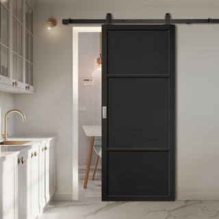 Image: Top Mounted Black Sliding Track & Door - Sutton Panel Black Internal Door - Prefinished