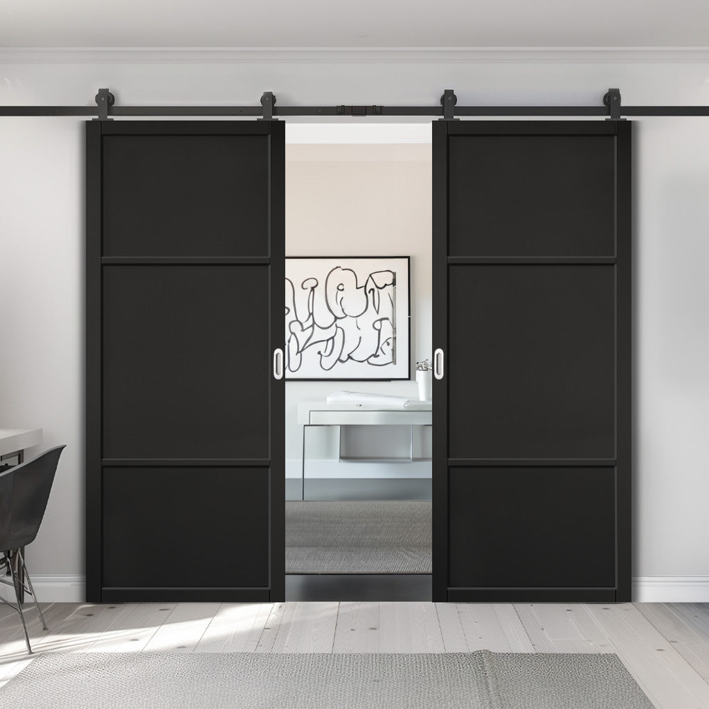 Top Mounted Black Sliding Track & Double Door - Sutton Panel Black Internal Door - Prefinished