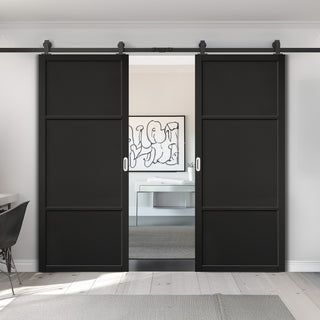 Image: Top Mounted Black Sliding Track & Double Door - Sutton Panel Black Internal Door - Prefinished