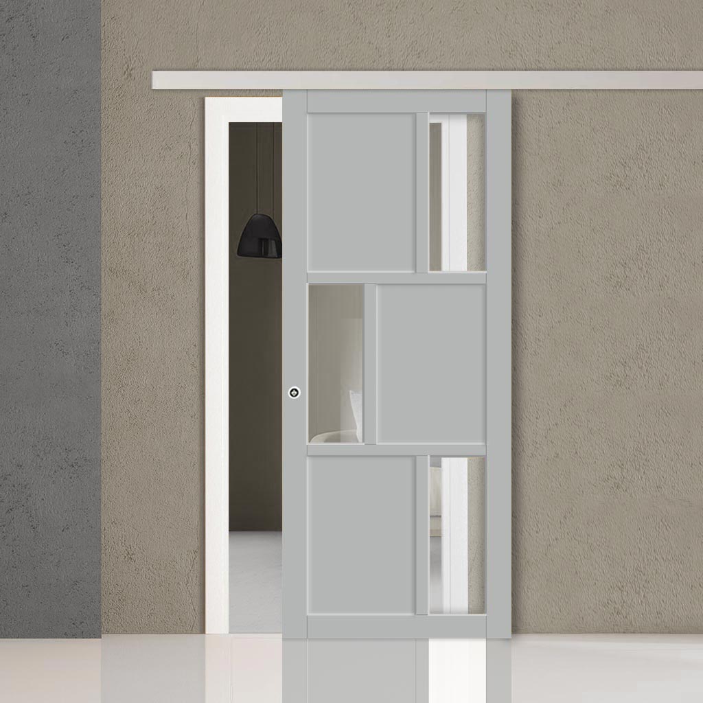 Single Sliding Door & Premium Wall Track - Eco-Urban® Tokyo 3 Pane 3 Panel Door DD6423G Clear Glass - 6 Colour Options