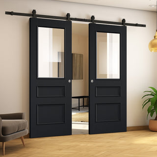 Image: Top Mounted Black Sliding Track & Double Door - Toledo Black Panel Internal Door - Clear Glass - Prefinished