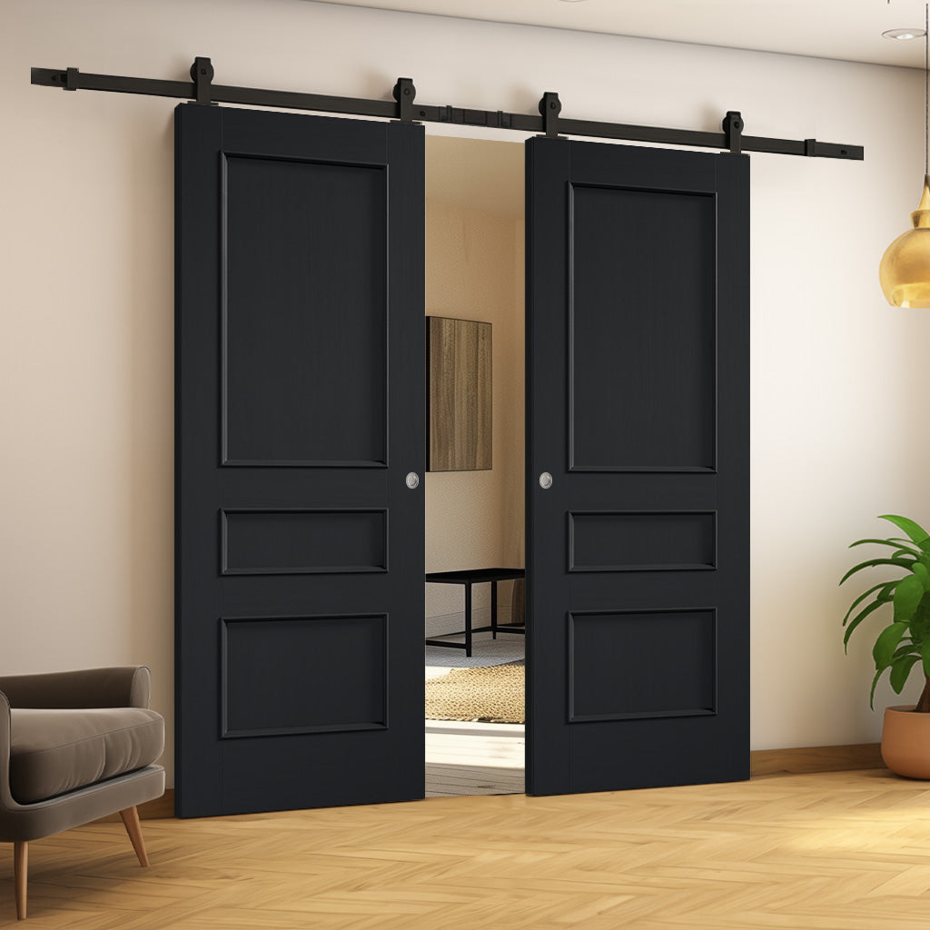 Top Mounted Black Sliding Track & Double Door - Toledo Black Panel Internal Door - Prefinished