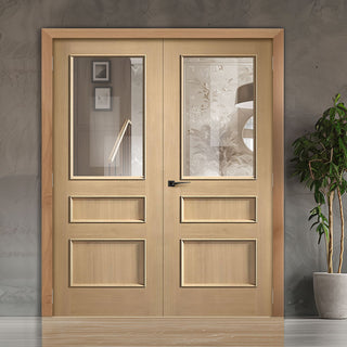 Image: Toledo Oak Panel Internal Door Pair - Clear Glass - Prefinished