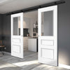 Top Mounted Black Sliding Track & Double Door - Toledo White Primed Internal Door - Clear Glass