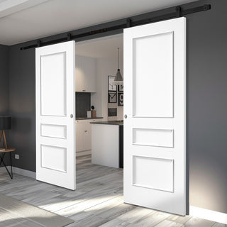 Image: Top Mounted Black Sliding Track & Double Door - Toledo White Primed Panel Internal Door