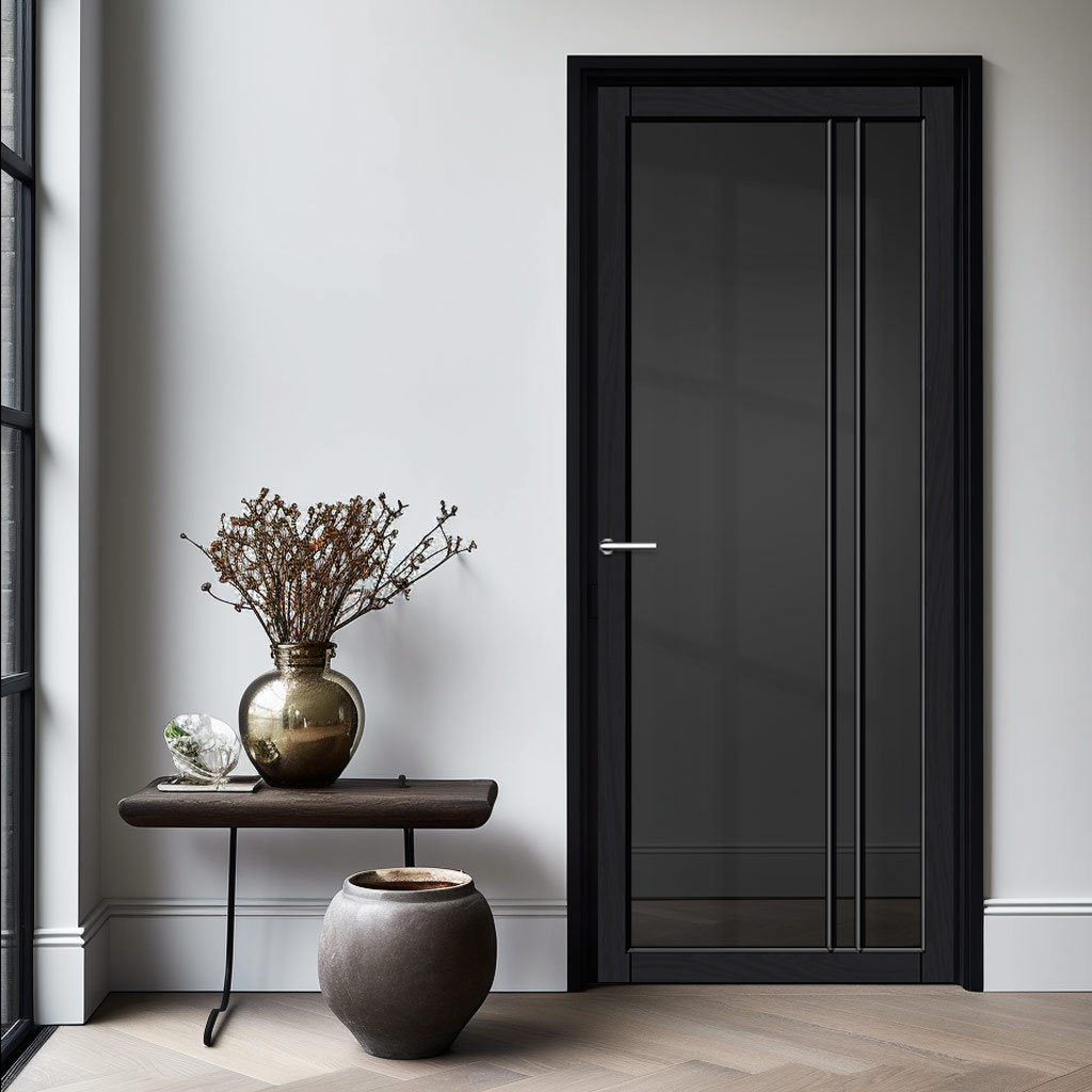 Milano Solid Wood Internal Door UK Made  DD0101T Tinted Glass - Shadow Black Premium Primed - Urban Lite® Bespoke Sizes