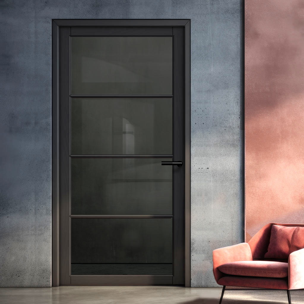 Florence Solid Wood Internal Door UK Made  DD0114T Tinted Glass - Shadow Black Premium Primed - Urban Lite® Bespoke Sizes