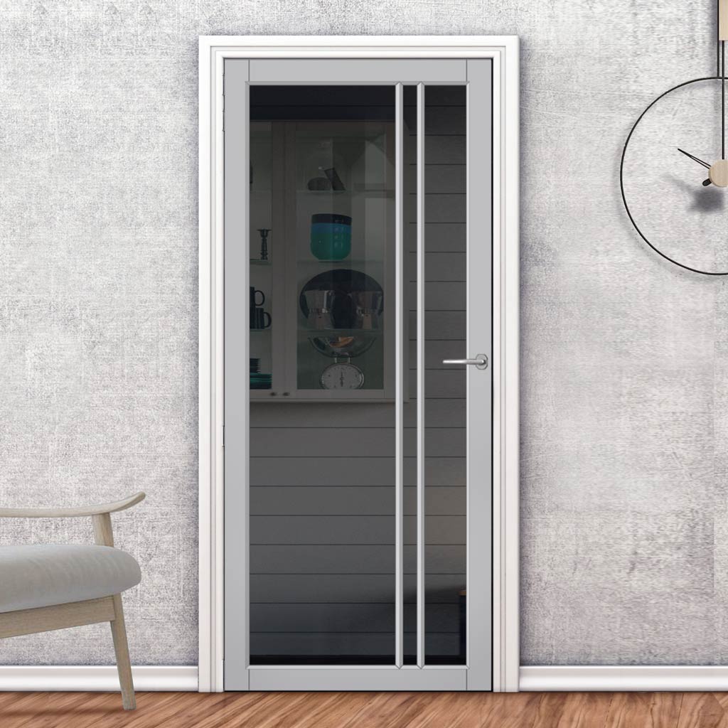 Milano Solid Wood Internal Door UK Made  DD0101T Tinted Glass - Mist Grey Premium Primed - Urban Lite® Bespoke Sizes