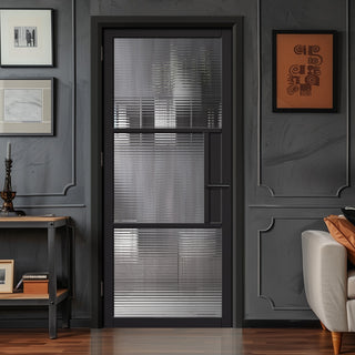 Image: EasiKit Internal Door and Frame Kit - Tribeca 3 Pane Black Primed Internal Door - Clear Reeded Glass