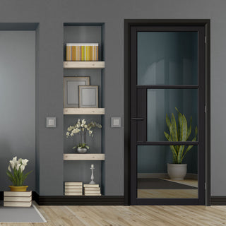 Image: EasiKit Internal Door and Frame Kit - Tribeca 3 Pane Black Primed Internal Door - Tinted Glass