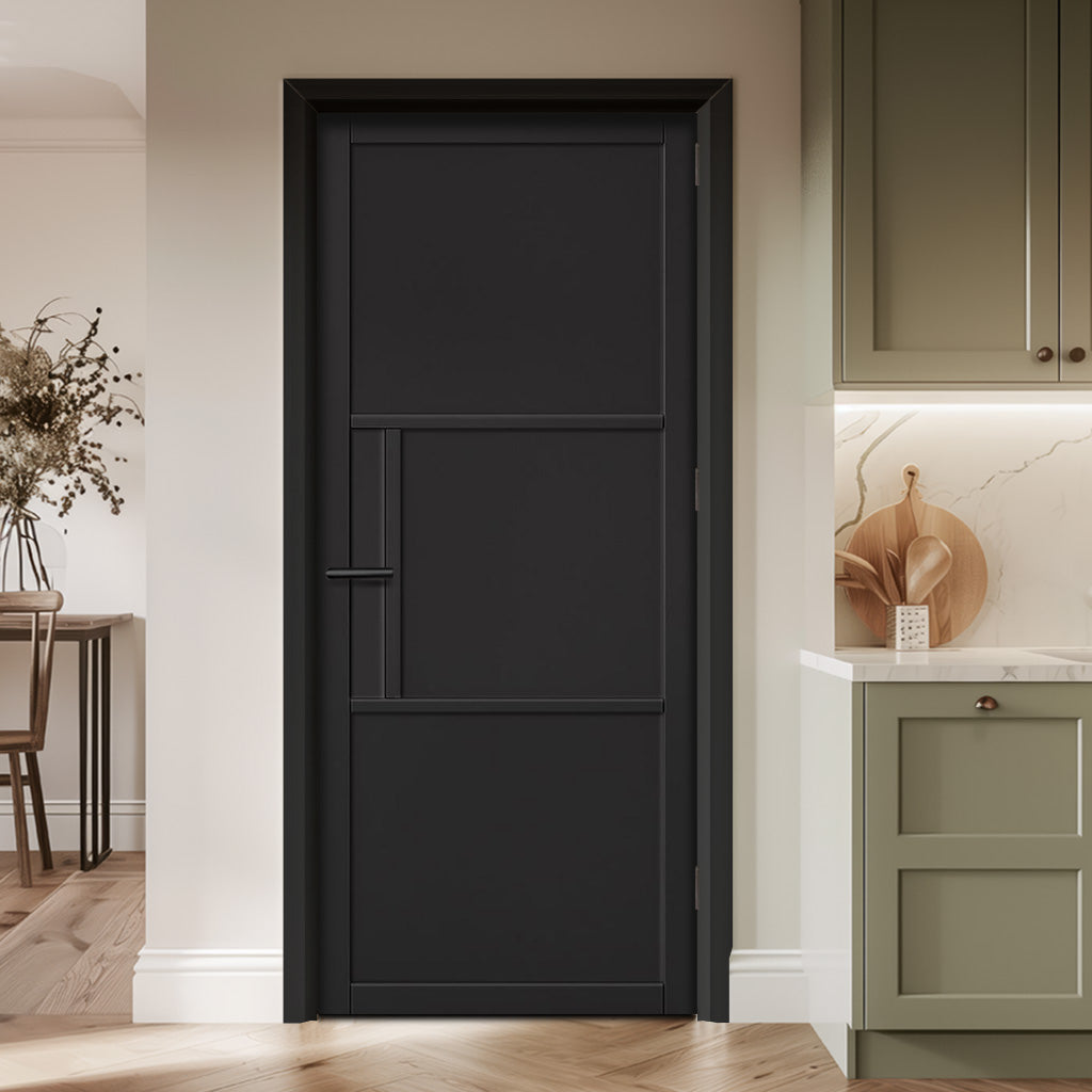 EasiKit Internal Door and Frame Kit - Tribeca 3 Panel Black Primed Internal Door - Unfinished