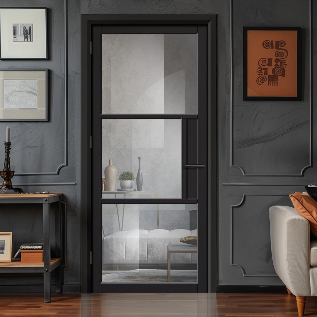 EasiKit Internal Door and Frame Kit - Tribeca 3 Pane Black Primed Internal Door - Clear Glass