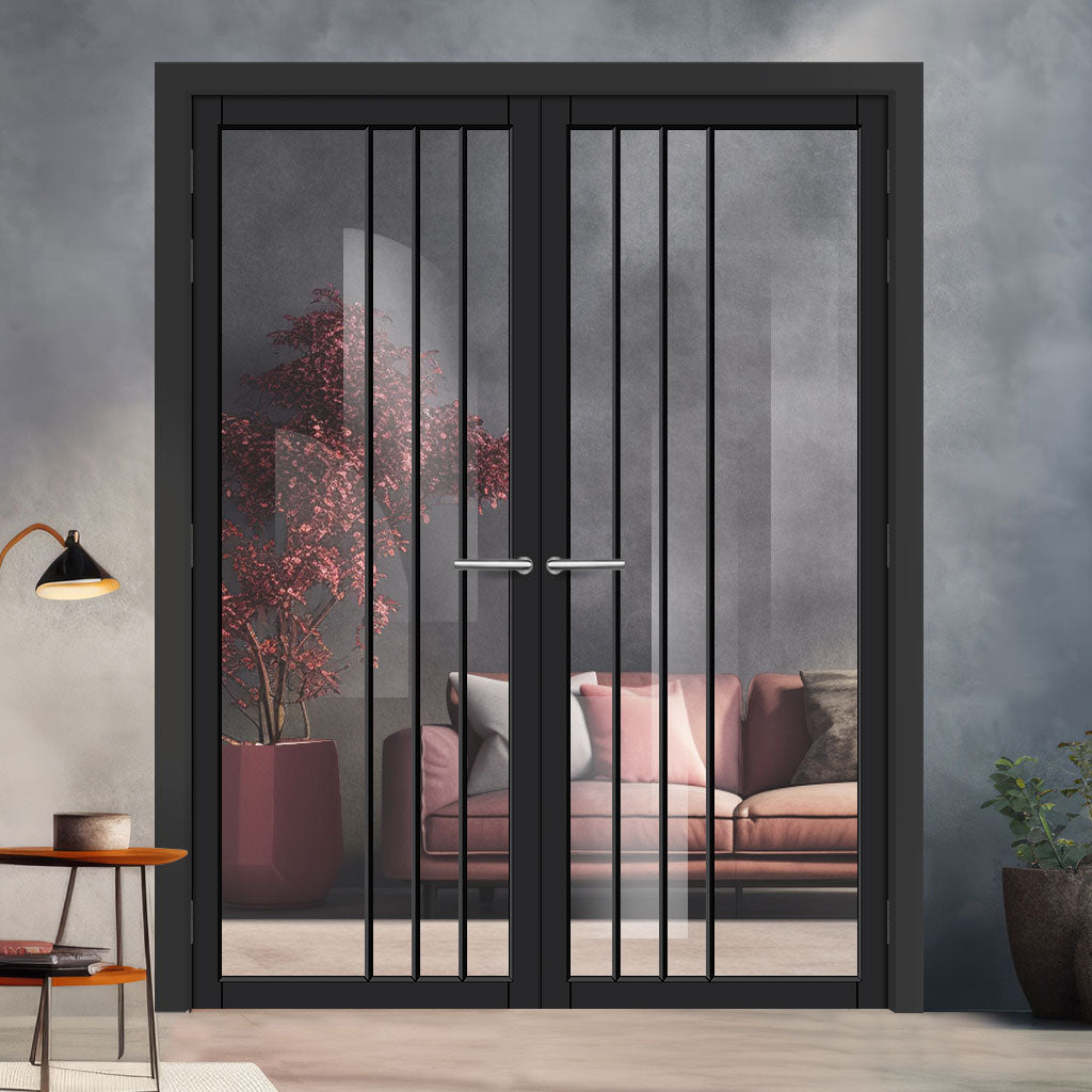 Tula Solid Wood Internal Door Pair UK Made DD0104C Clear Glass - Shadow Black Premium Primed - Urban Lite® Bespoke Sizes