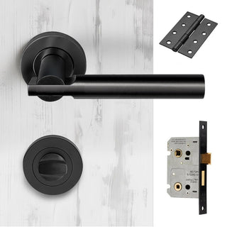 Image: Turin Door Lever Bathroom Handle Pack - 4 Square Hinges - Matt Black