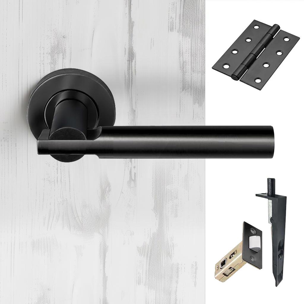 Turin Double Door Lever Handle Pack - 8 Square Hinges - Matt Black - Combo Handle and Accessory Pack