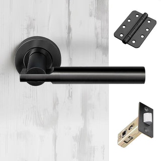 Image: Turin Door Lever Handle Pack - 4 Radius Cornered Hinges - Matt Black