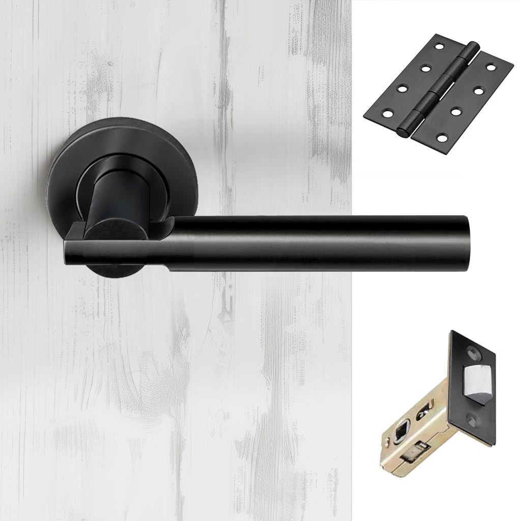 Turin Door Lever Handle Pack - 4 Square Hinges - Matt Black