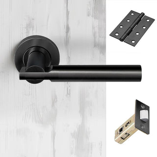 Image: Turin Door Lever Handle Pack - 4 Square Hinges - Matt Black