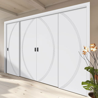 Image: Four Sliding Minimal Wardrobe Doors & Frame Kit - V-Line® Grooved Flush Door V008 - Premium Primed - Six Colour Options