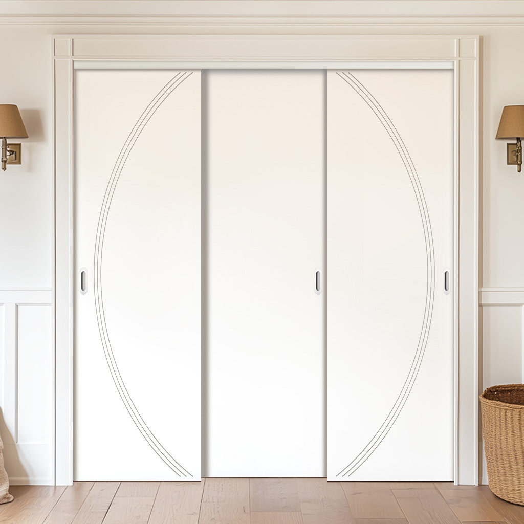 Three Sliding Minimal Wardrobe Doors & Frame Kit - V-Line® Grooved Flush Door V008/BL - Premium Primed - Six Colour Options