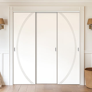 Image: Three Sliding Minimal Wardrobe Doors & Frame Kit - V-Line® Grooved Flush Door V008/BL - Premium Primed - Six Colour Options