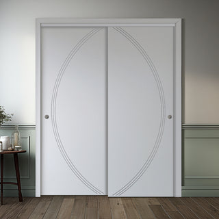 Image: Two Sliding Maximal Wardrobe Doors & Frame Kit - V-Line® Grooved Flush Door V008 - Premium Primed - Six Colour Options