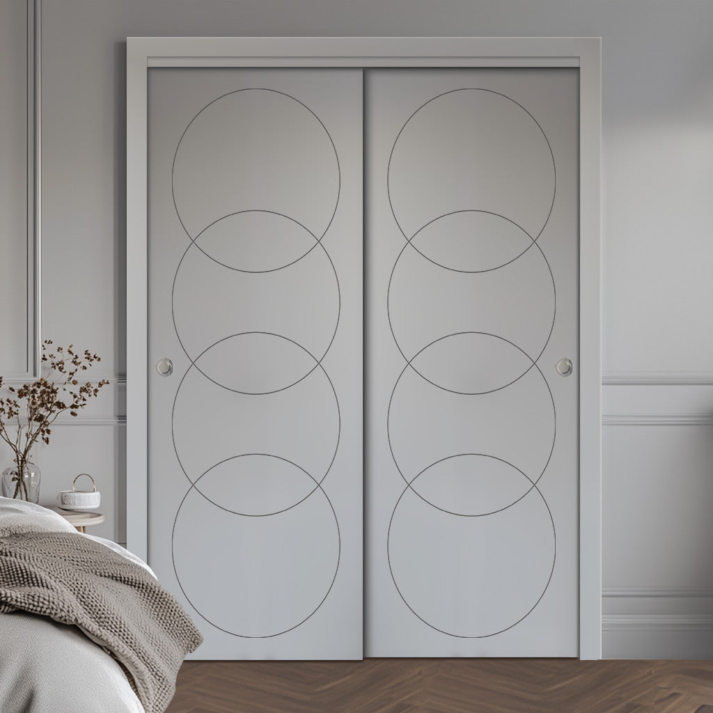 Two Sliding Maximal Wardrobe Doors & Frame Kit - V-Line® Grooved Flush Door V011 - Premium Primed - Six Colour Options