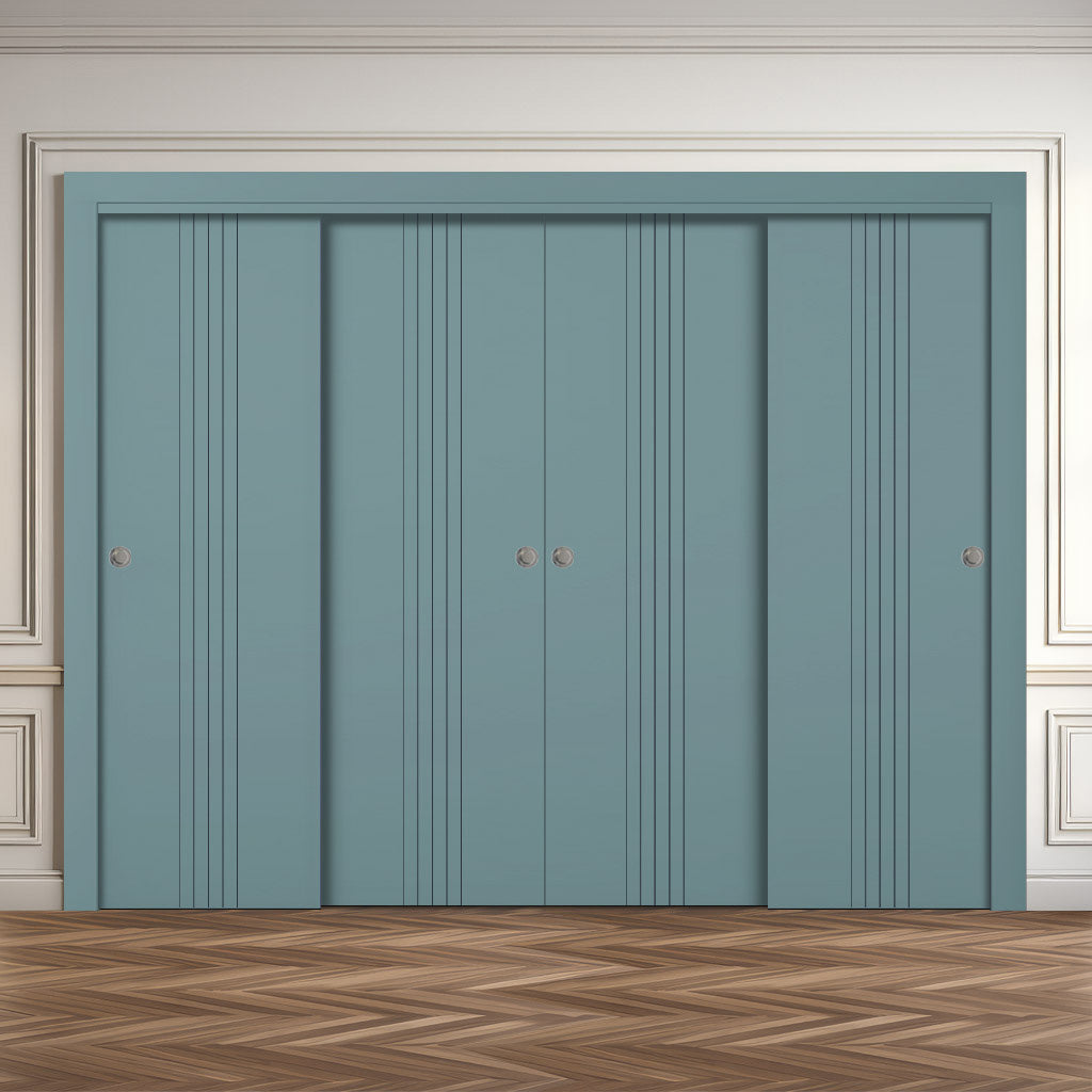 Four Sliding Maximal Wardrobe Doors & Frame Kit - V-Line® Grooved Flush Door V021 - Premium Primed - Six Colour Options