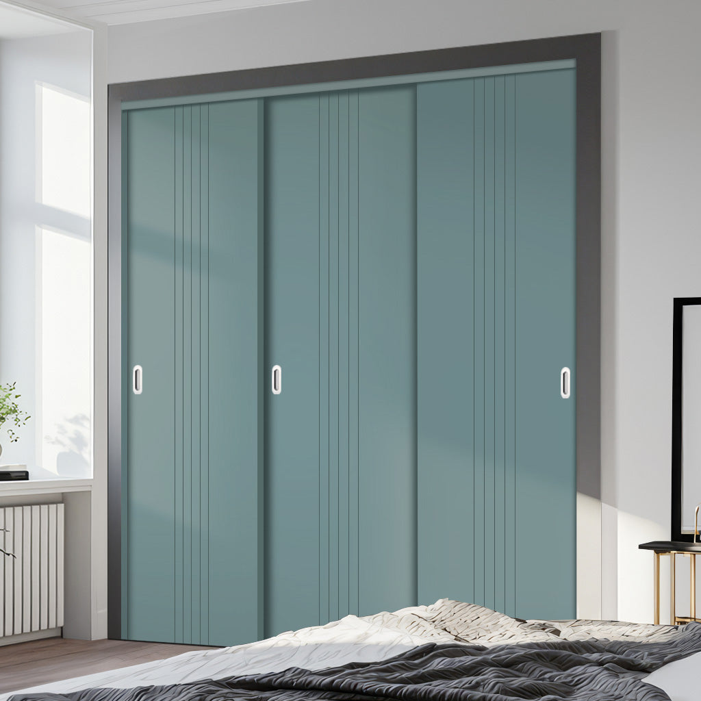 Three Sliding Maximal Wardrobe Doors & Frame Kit - V-Line® Grooved Flush Door V021 - Premium Primed - Six Colour Options