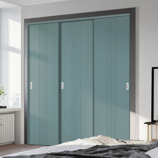 Image: Three Sliding Maximal Wardrobe Doors & Frame Kit - V-Line® Grooved Flush Door V021 - Premium Primed - Six Colour Options