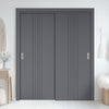 Two Sliding Minimal Wardrobe Doors & Frame Kit - V-Line® Grooved Flush Door V021 - Premium Primed - Six Colour Options