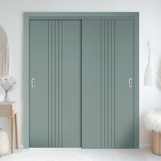 Image: Two Sliding Minimal Wardrobe Doors & Frame Kit - V-Line® Grooved Flush Door V021 - Premium Primed - Six Colour Options